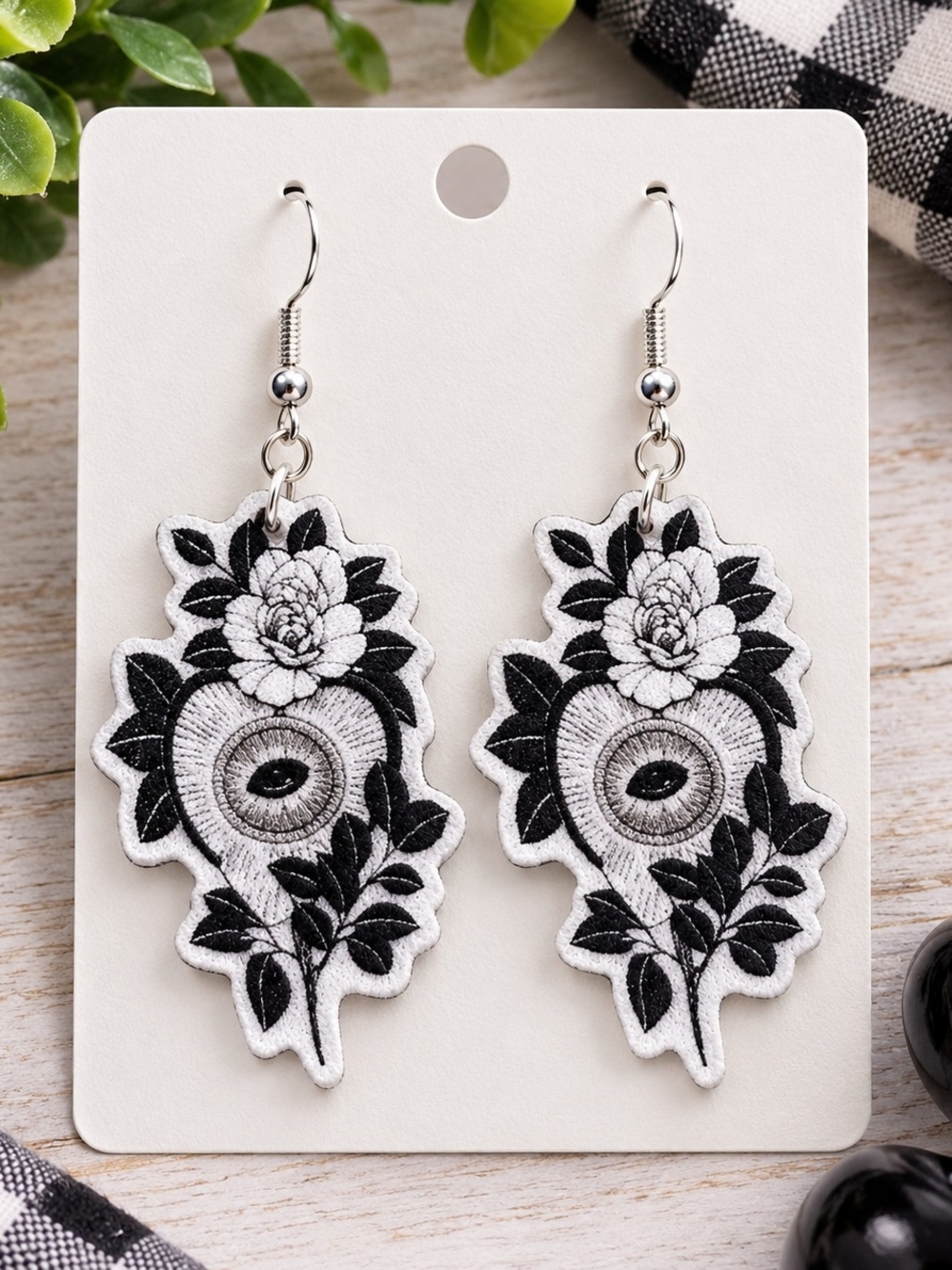 Black & White Floral Eye Dangle Earrings